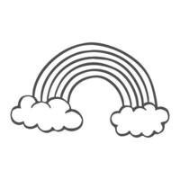 black outline of rainbow arcs, with puffy white clouds at either end. vector