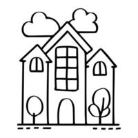 a  house, surrounded by trees under a sky with clouds. kid drawing cartoon style. Vector outline