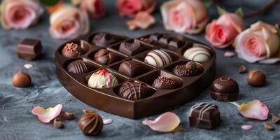 AI Generated  Luxury box of handmade chocolates with rose. Gift concept. photo