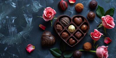 AI Generated  Luxury box of handmade chocolates with rose. Gift concept. photo