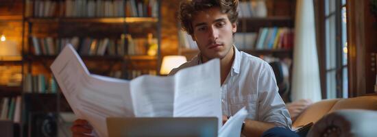 ai generado joven hombre mirando en documentos y trabajando a hogar foto