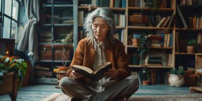 AI Generated Calm senior woman reading a book while sitting in the living room photo