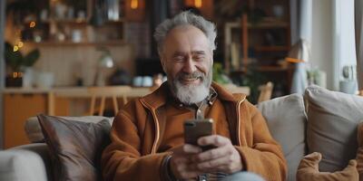 AI Generated Bearded old man surfs the internet on his phone. Concept of browsing the internet on the phone, spending time. photo