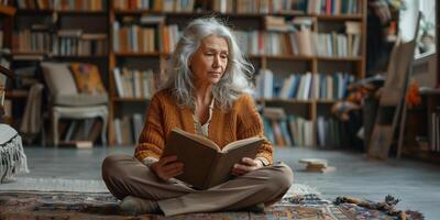 AI Generated Calm senior woman reading a book while sitting in the living room photo