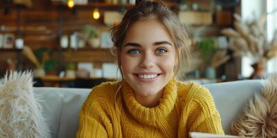 AI Generated  shot of happy smiling woman sitting in cafe with laptop. Girl friendly looking at camera while studying remote from coffee shop. Freelancer working with computer from co-working space. photo