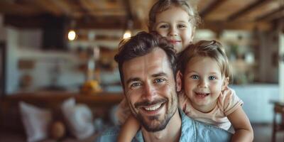 ai generado cerca arriba disparo a la cabeza retrato de sonriente joven caucásico padre y dos pequeño niños jugar juntos a hogar. contento soltero papá padre tener divertido abrazo abrazo disfrutar fin de semana con pequeño niños foto