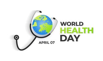 Vector Illustration of World health day concept text design world map  with doctor stethoscope. Banner poster, flyer and background design.