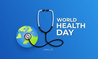 Vector Illustration of World health day concept text design world map  with doctor stethoscope. Banner poster, flyer and background design.