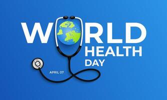 Vector Illustration of World health day concept text design world map  with doctor stethoscope. Banner poster, flyer and background design.