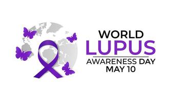 World Lupus Day 10th May with purple ribbon on a world map background. Banner poster, flyer and background design. Vector illustration.