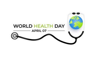 Vector Illustration of World health day concept text design world map  with doctor stethoscope. Banner poster, flyer and background design.