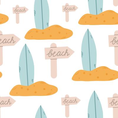 Summer time seamless pattern with cute surfboard and beach signage design for kids, summer background for greetings, invitations, wrapping paper production, textiles and web design.