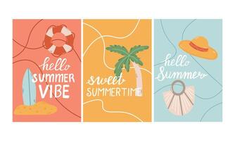 conjunto de linda verano saludo tarjetas verano antecedentes Hola verano, verano tiempo. para carteles, postales, álbum de recortes, pegatinas, cuentos vector