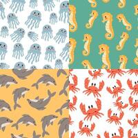 Set Seamless Pattern For Kids With Sea Animals Marine Background For Greetings, Invitations, Wrapping Paper Production, Textiles And Web Design. vector