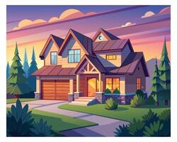 Beautiful front view of a cartoon house with green garden vector