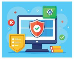 Computer With Cyber Security Icons Antivirus Pro Vector