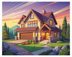 Beautiful front view of a cartoon house with green garden vector