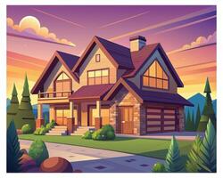 Beautiful front view of a cartoon house with green garden vector