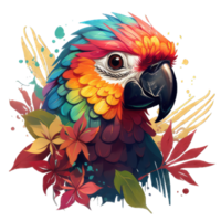 AI generated Colorful portrait of Amazon red macaw parrot against jungle. Side view of wild ara parrot head on green background. Wildlife and rainforest exotic tropical birds as popular pet breeds png