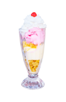 Red cherry and white whipped cream on top in Vanilla and strawberry ice cream and on clear glass Isolated on a transparent Background, PNG Flie