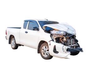 Car crash, Front and Side view of white pickup car get hard damaged by accident on the road. damaged cars after collision. isolated on transparent background, PNG File