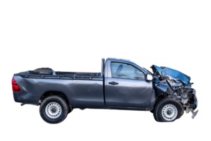 Side view of black pickup truck car get damaged by accident on the road. damaged cars after collision. isolated on transparent background, Car and casualty insurance ,PNG File png