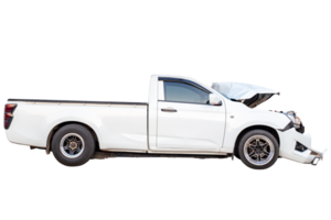 Car crash, Side view of white pickup car get hard damaged by accident on the road. damaged cars after collision. isolated on transparent background. PNG File