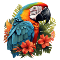 AI generated Colorful portrait of Amazon red macaw parrot against jungle. Side view of wild ara parrot head on green background. Wildlife and rainforest exotic tropical birds as popular pet breeds png