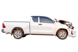 Car crash, Side view of white pickup car get hard damaged by accident on the road. damaged cars after collision. isolated on transparent background, PNG File