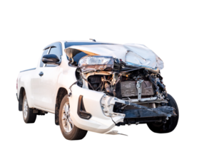 Car crash, Front and Side view of white pickup car get hard damaged by accident on the road. damaged cars after collision. isolated on transparent background, PNG File