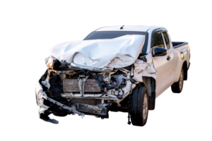 Car crash, Front and Side view of white pickup car get hard damaged by accident on the road. damaged cars after collision. isolated on transparent background. PNG File