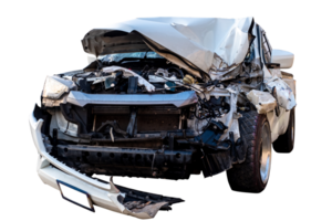 Car crash, Front and Side view of white pickup car get hard damaged by accident on the road. damaged cars after collision. isolated on transparent background, PNG File