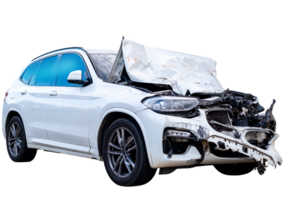 Full body front and side view of white car get damaged by accident on the road. damaged cars after collision. Isolated on transparent background, car crash broken, PNG File