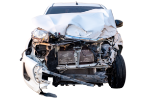 Car crash, Front view of white pickup car get hard damaged by accident on the road. damaged cars after collision. isolated on transparent background, PNG File