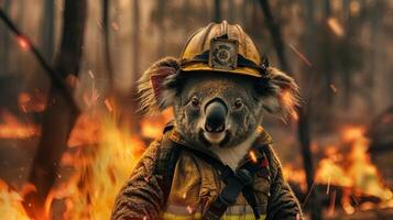 AI generated A creatively edited image showing a brave koala dressed as a firefighter in the midst of a forest fire. photo