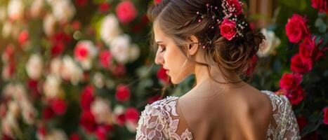 AI generated A bride with a stylish updo and an open back wedding dress stands against a backdrop of roses photo