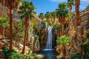 AI generated A Serene oasis with lush palm trees and a waterfall nestled between rocky desert canyon walls. photo