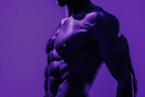 AI generated A muscular mans body with a focus on his highly defined arm muscles against a purple backdrop. photo