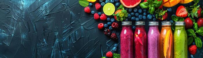 AI generated A Colorful array of fresh fruit smoothies in glass jars garnished with berries and herbs photo