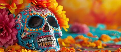 AI generated A brightly decorated sugar skull is featured in a colorful setting photo