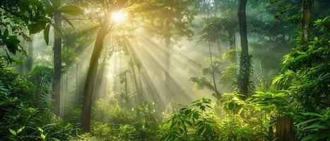 AI generated A Morning sunlight streams through the vibrant green foliage of a dense forest in a panoramic view. photo