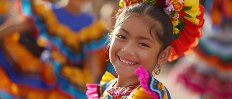 ai generado un joven niña sonrisas como ella realiza en un vistoso tradicional mexicano danza disfraz con otros en movimiento alrededor su. foto