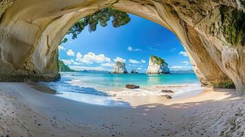 AI generated A Sweeping view of the iconic Cathedral Cove beach with its natural rock archway and pristine sandy shores in New Zealand. photo