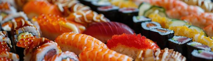 AI generated A close-up view of an abundant assortment of sushi types including nigiri and maki photo