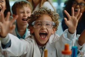 ai generado un grupo de alegre niños vistiendo laboratorio abrigos experimentando el emoción de Ciencias experimentos foto