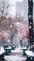 AI generated Winter city park at snowfall with wild sakura trees. photo