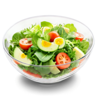 ai gegenereerd salade in transparant glas schaal. een verfrissend en licht salade in een diep, Doorzichtig glas schaal, met een mengen van vers groenen, groenten png