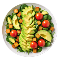 ai gegenereerd salade een vers en levendig salade, met een kleurrijk medley van knapperig groenen, sappig tomaten, gesneden avocado, geïsoleerd Aan transparant achtergrond png