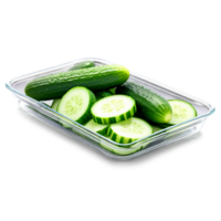 ai generado crujiente, Fresco Pepino rebanadas en un rectangular vaso envase, fotografiado desde el lado. sano comiendo concepto. png