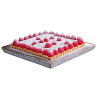 ai généré framboise Tarte, surmonté avec Frais framboises et une saupoudrage de en poudre sucre, png